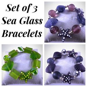 Set of 3 Sea Glass Beaded Stretch Bracelets